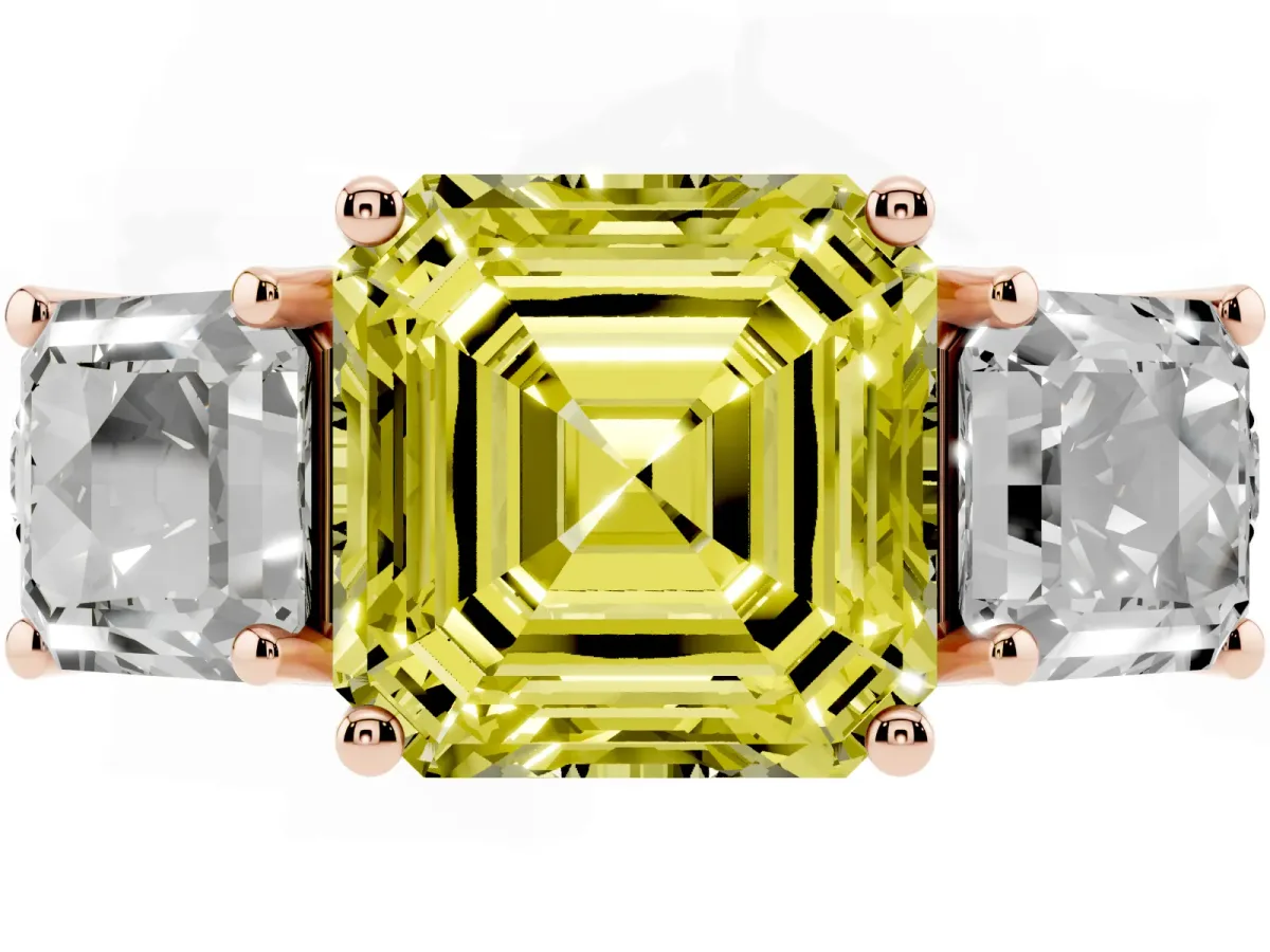 Fancy Yellow Three-Stone Asscher Cut Diamond Pavé Band with Prong Setting Rose gold