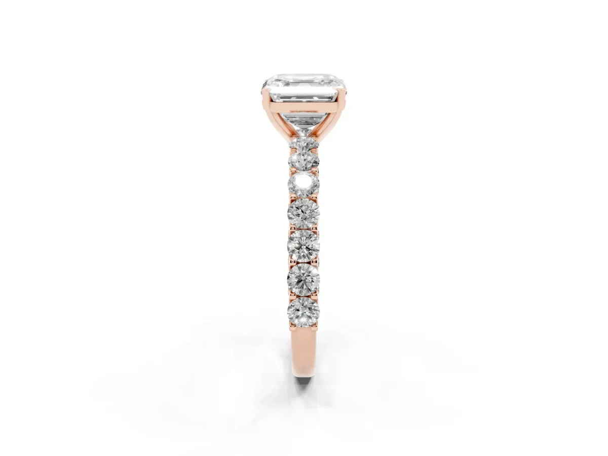 Asscher Cut Diamond Solitaire Ring with Shared Prong Pavé Band and Four-Prong Setting Rose gold