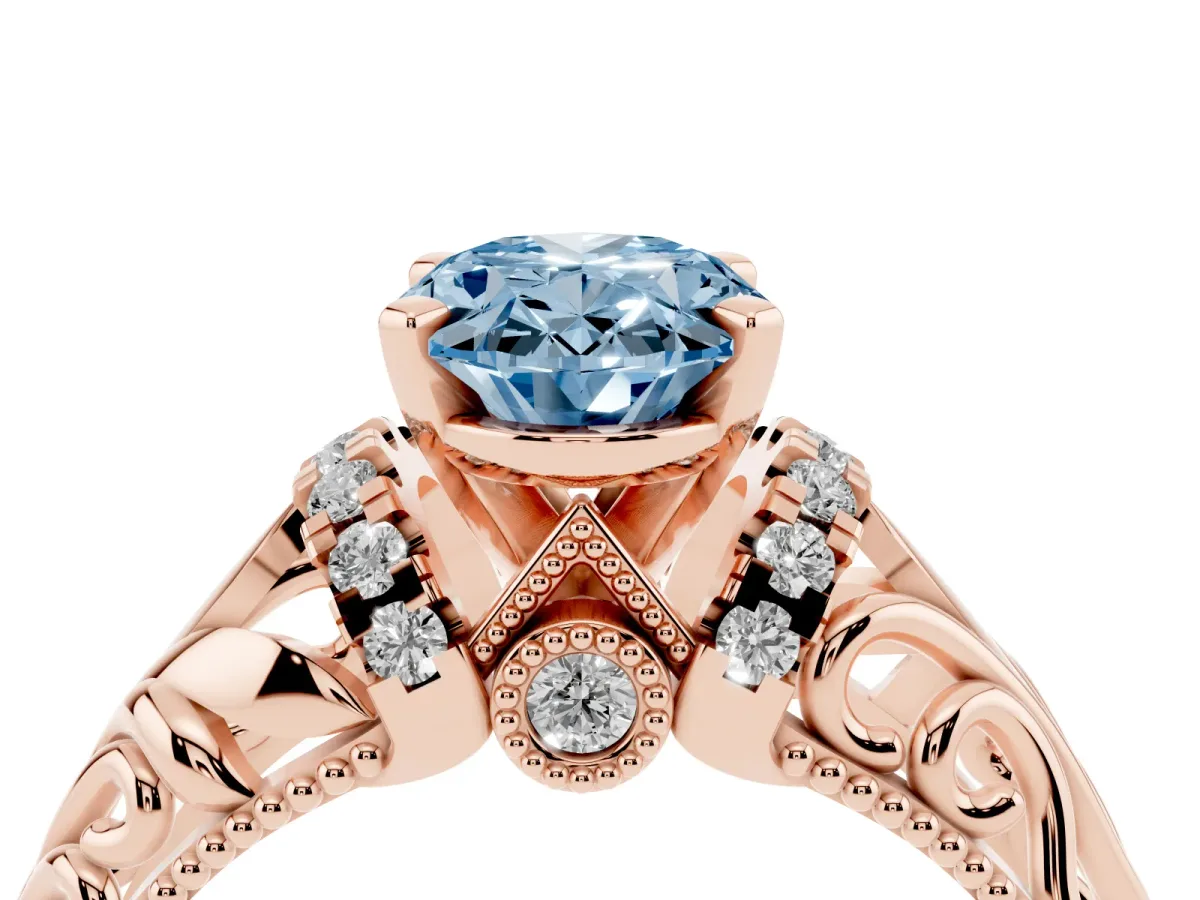 Fancy Blue Oval Cut Solitaire Filigree Engagement Ring with Halo and Prong Setting Rose gold