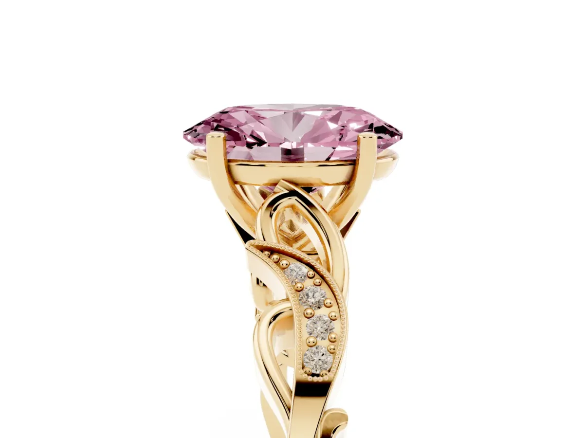 Fancy Pink Oval Cut Solitaire Vine Band with Milgrain Prong Setting Yellow gold