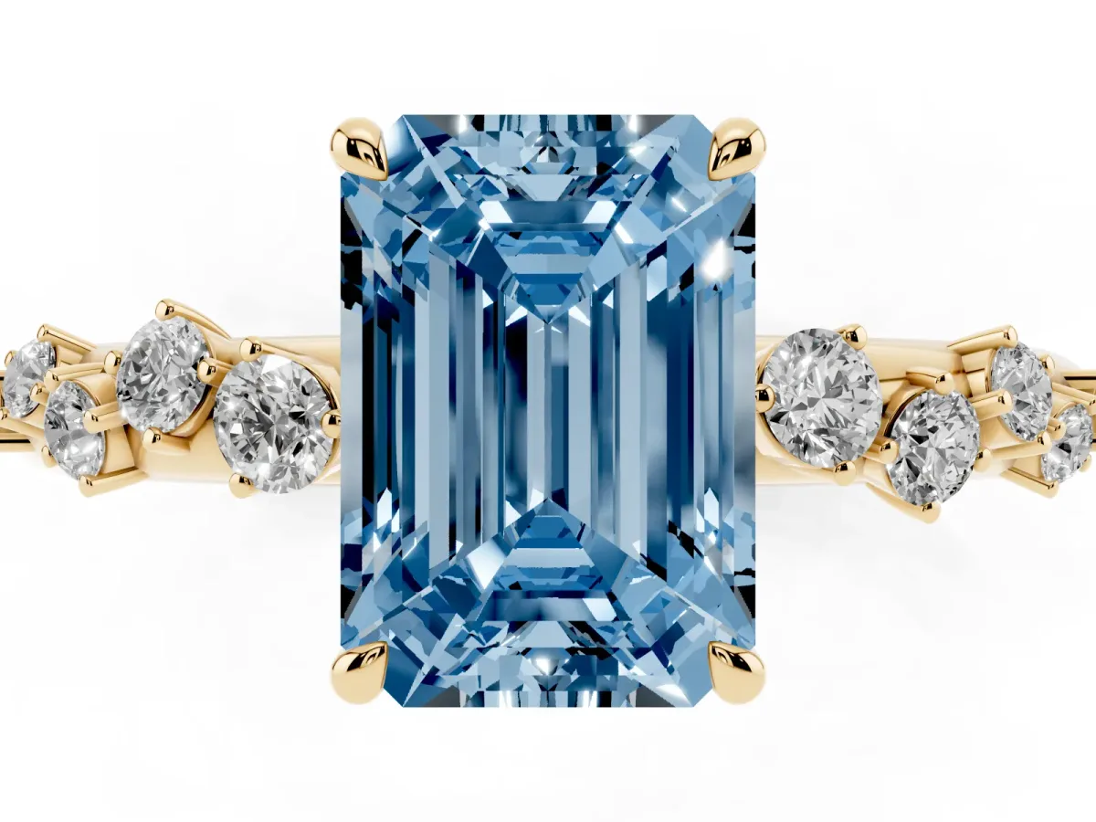 Fancy Blue Emerald Cut Diamond Cluster Prong-Set Solitaire Ring Yellow gold