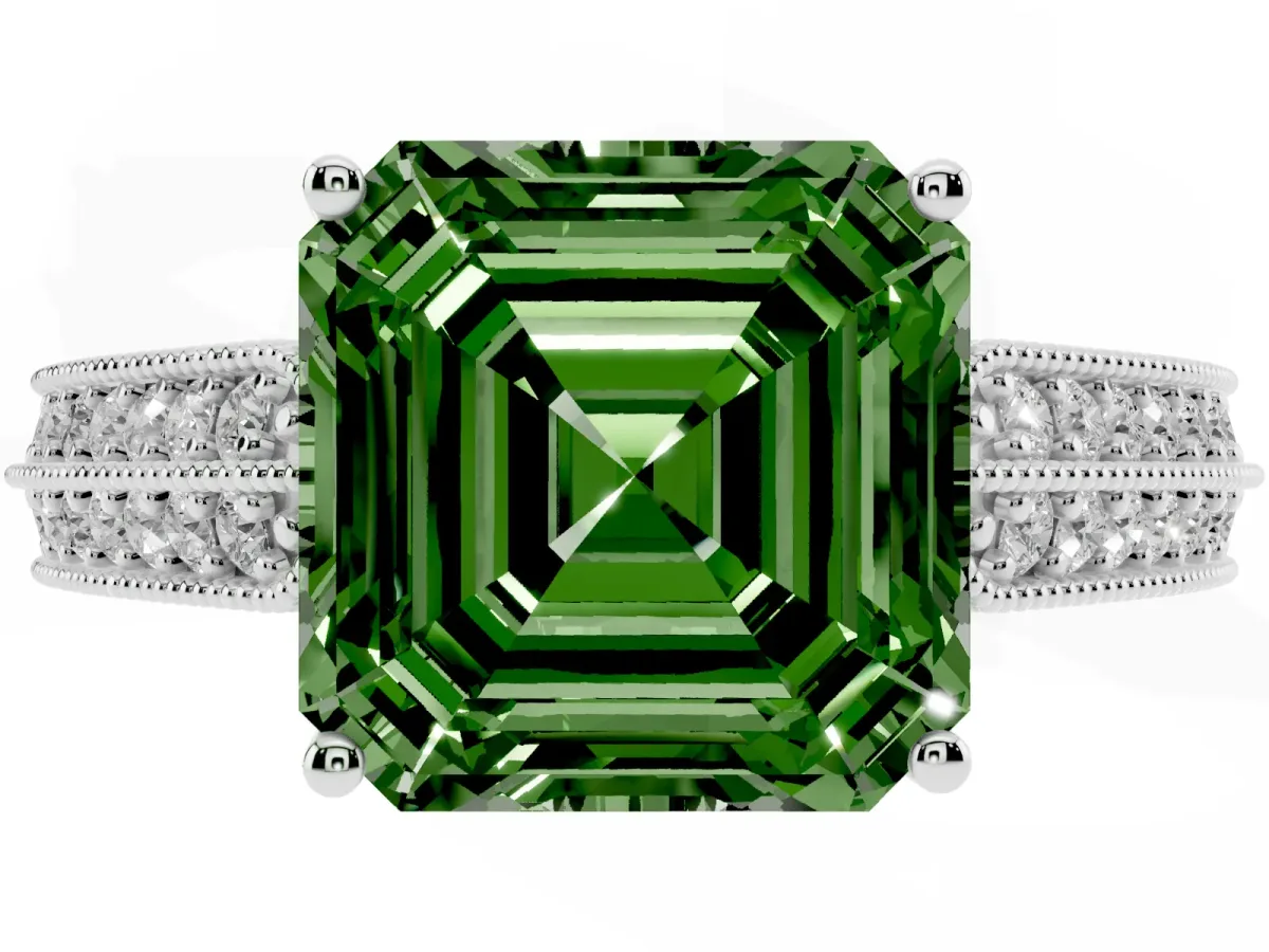 Fancy Green Asscher Cut Cut Pave Split Shank Engagement Ring with Four-Prong Setting Silver