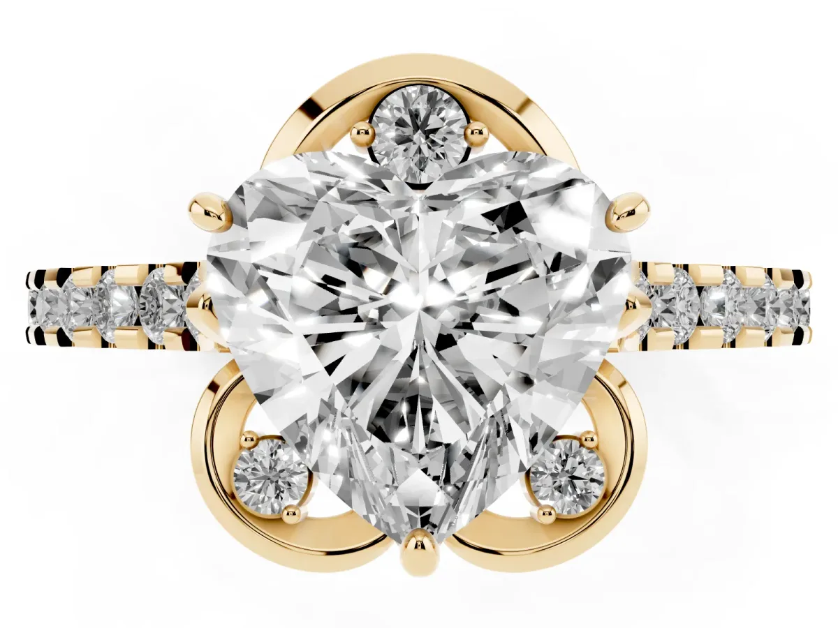 Heart Cut Diamond Ring with Pavé Band and Floral Prong Setting Yellow gold