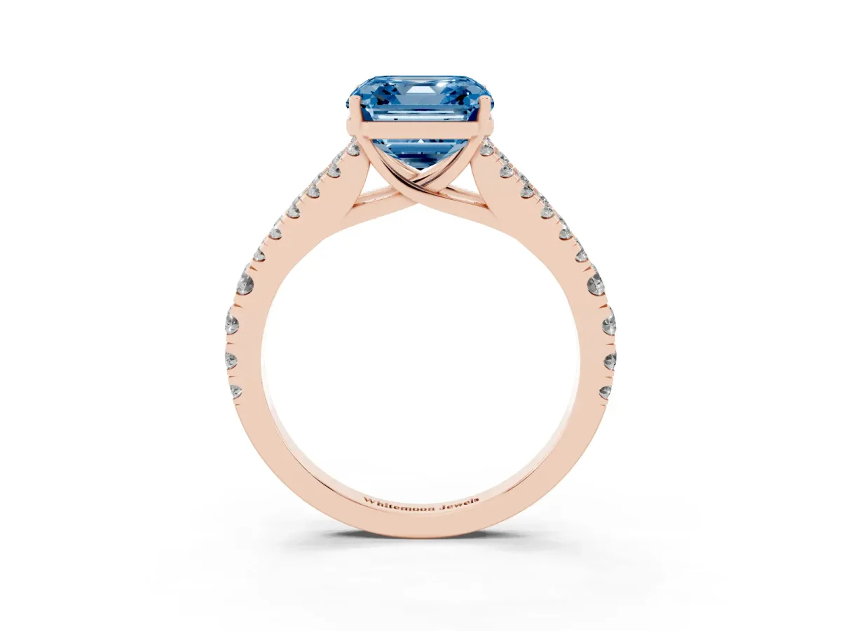 Fancy Blue Asscher Cut Diamond Split Shank Engagement Ring with Round Pavé and Prong Setting Rose gold