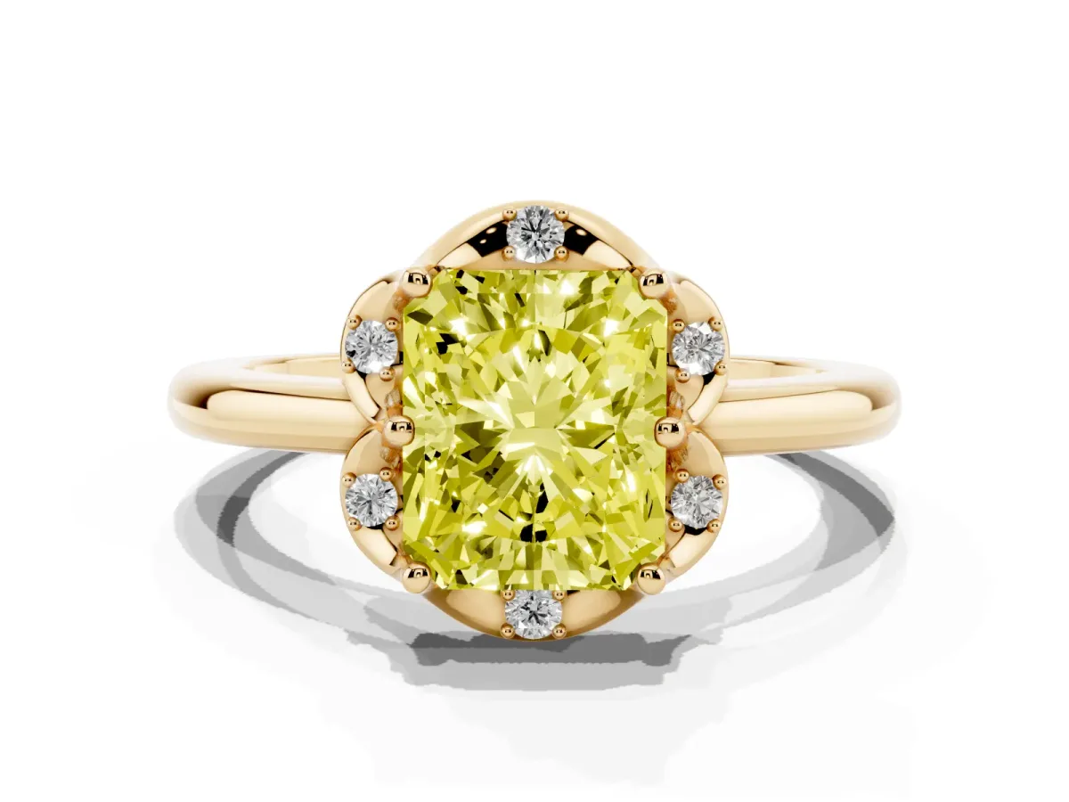 Fancy Yellow Radiant Cut Halo Diamond Ring with Round Cluster Setting, Solitaire Band, and Four-Prong Setting Yellow gold