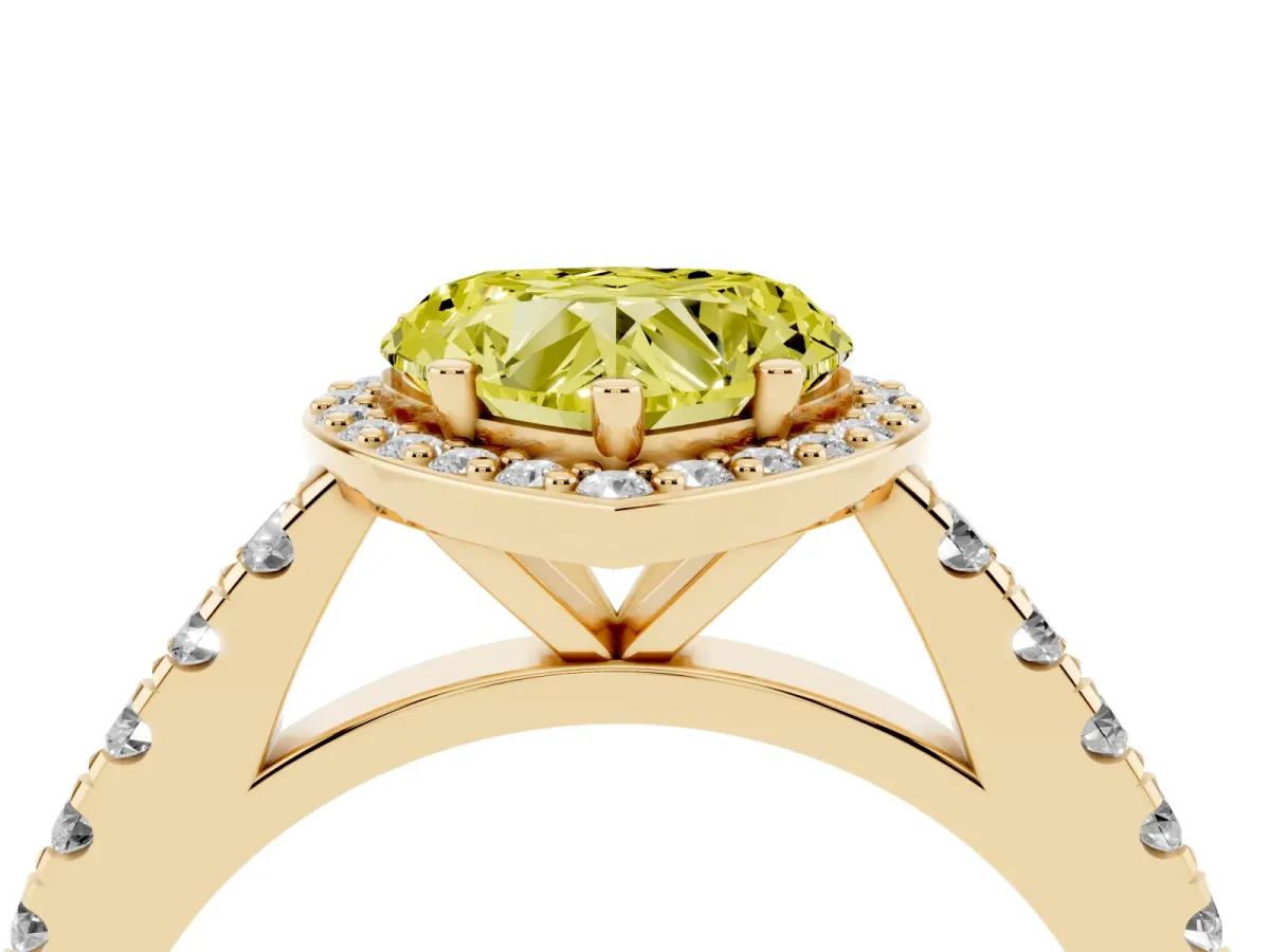 Fancy Yellow Heart Cut Cut Halo Diamond Engagement Ring with Pave Band and Four-Prong Setting Yellow gold