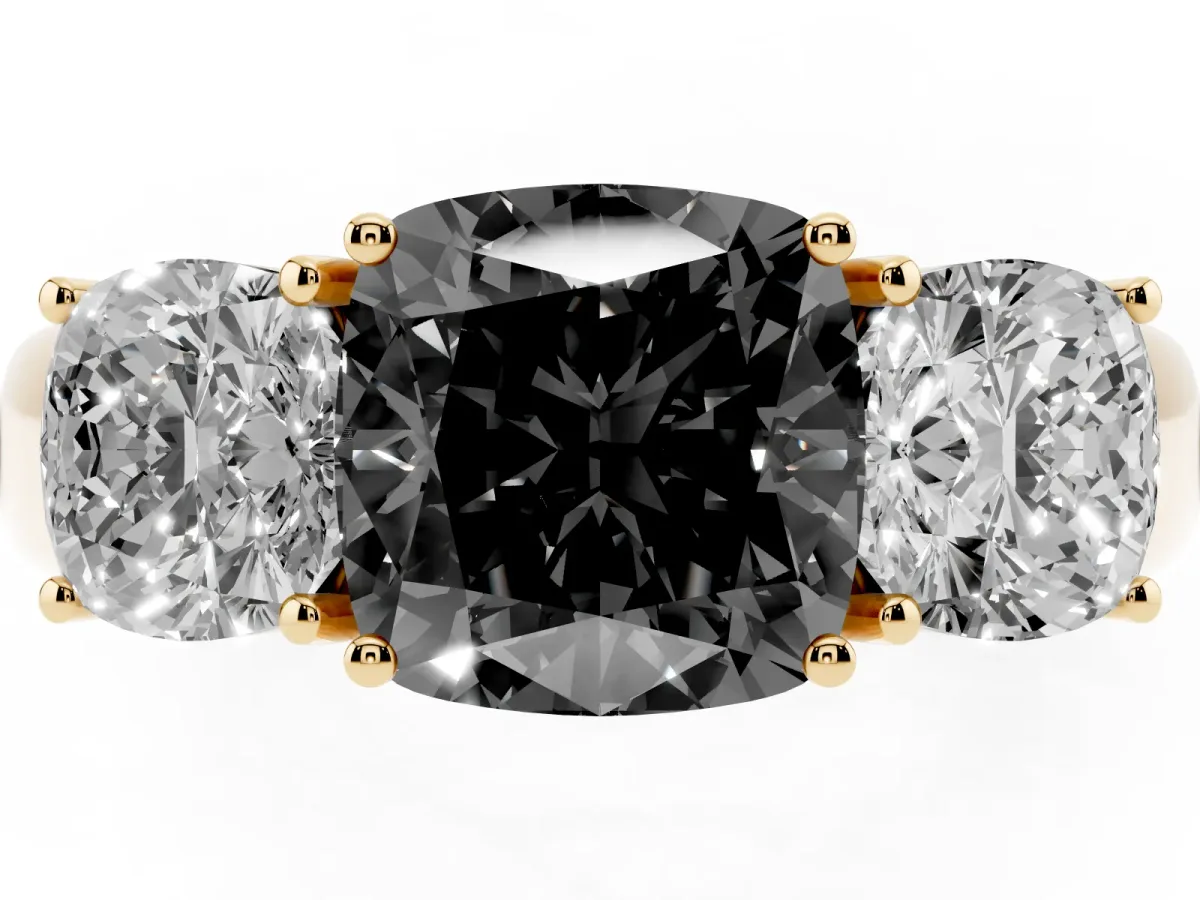 Fancy Black Three-Stone Cushion Cut Cut Diamond Ring with Prong Setting and Classic Band Yellow gold