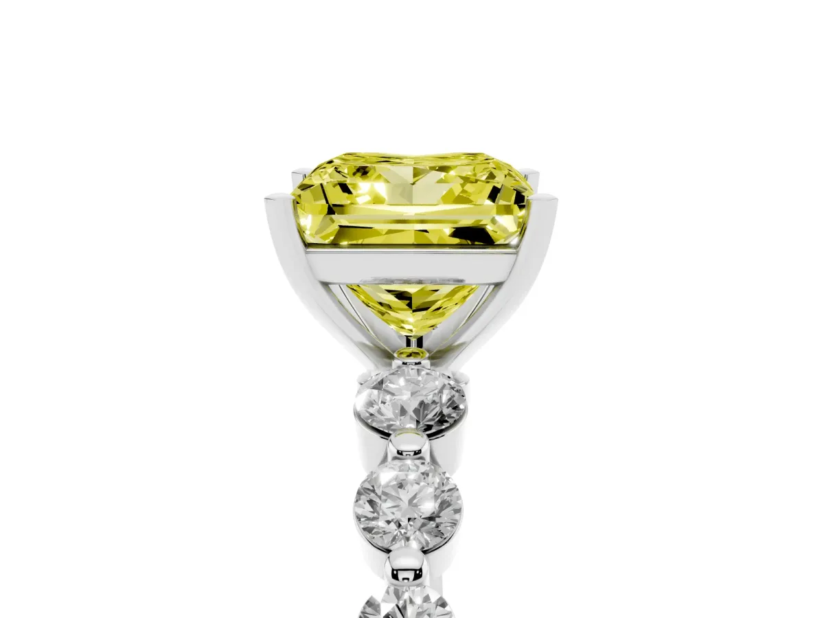 Fancy Yellow Princess Cut Solitaire Diamond Ring with Pave Band and Four-Prong Setting Silver