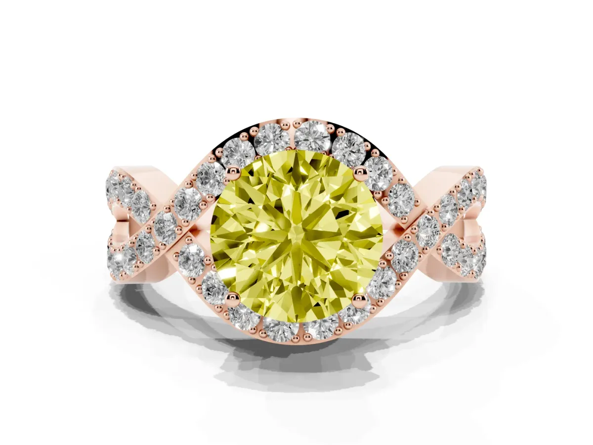 Fancy Yellow Round Cut Solitaire Twist Band Pavé Diamond Engagement Ring Rose gold