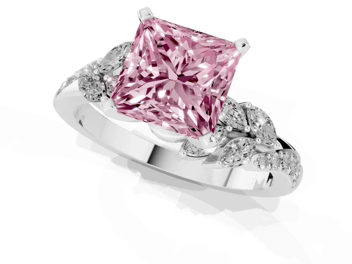 Fancy Pink Princess Cut Solitaire Marquise Twist Band with Six-Prong Setting Platinum
