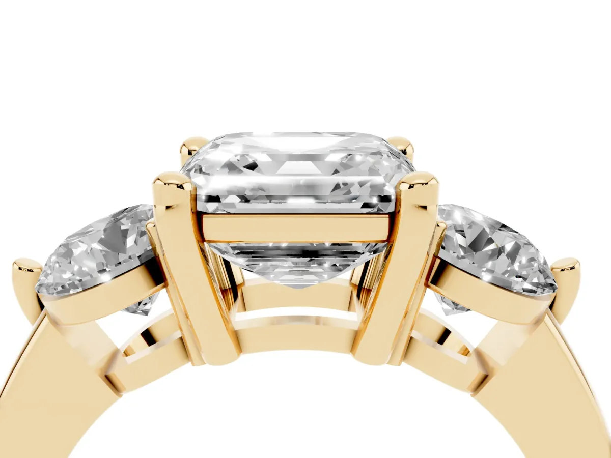 Three-Stone Asscher Cut Brilliant Cut Solitaire Ring with Prong Setting on a Classic Band Yellow gold