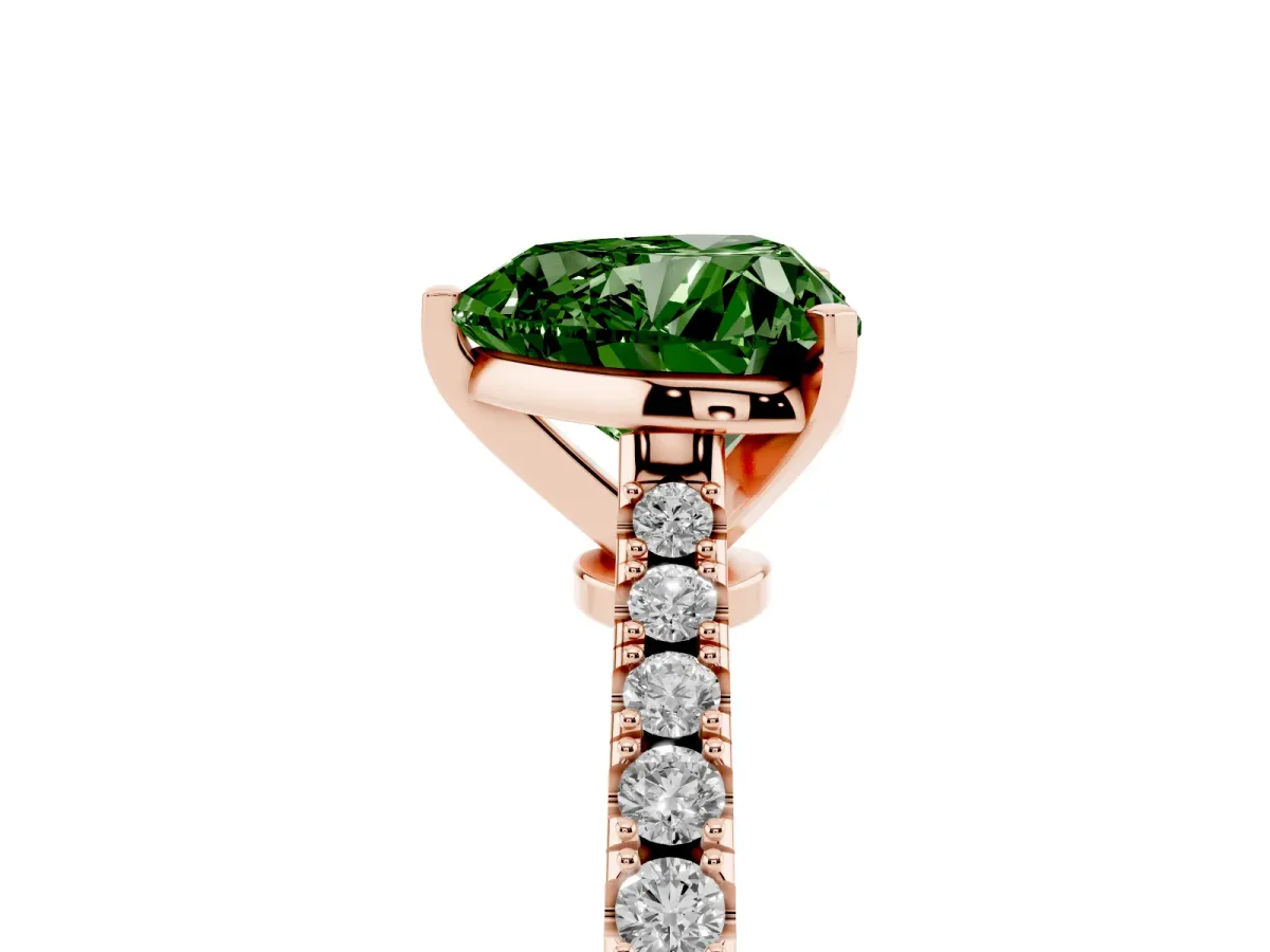 Fancy Green Heart Cut Cut Solitaire Diamond Engagement Ring with Pave Band and Four-Prong Setting Rose gold