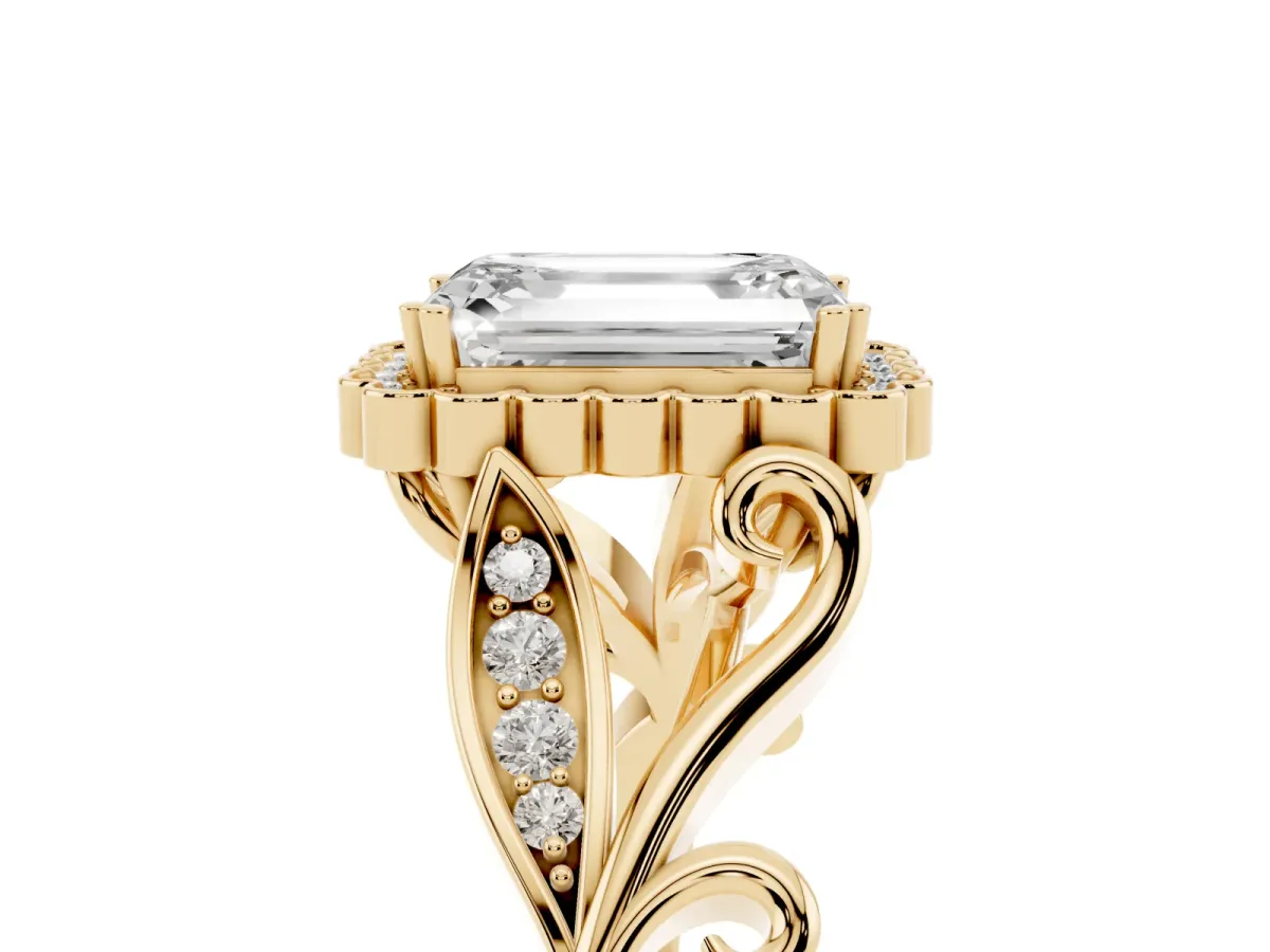 Emerald Cut Diamond Halo Ring with Vintage Split Shank and Four-Prong Setting Yellow gold
