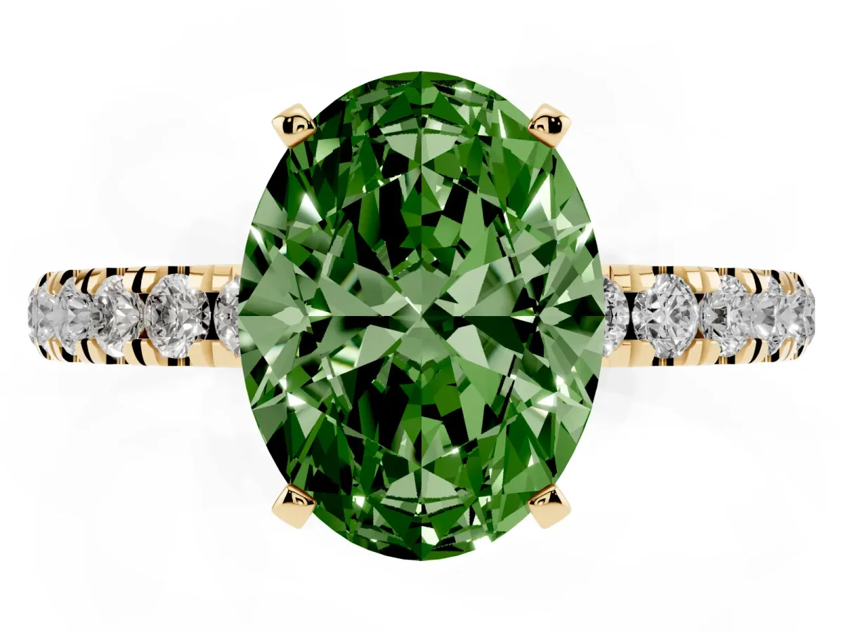 Fancy Green Oval Cut Diamond Solitaire Ring with Pavé Accents and Four-Prong Setting Yellow gold