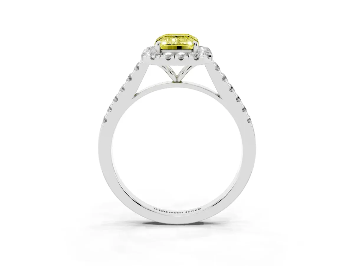 Fancy Yellow Emerald Cut Halo Pave Diamond Engagement Ring with Four-Prong Setting Silver