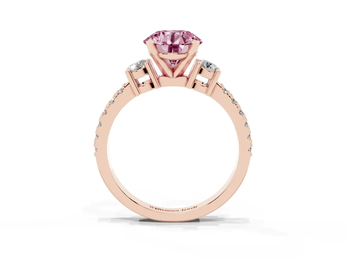 Fancy Pink Round Cut Three-Stone Diamond Pavé Band with Prong Setting Rose gold