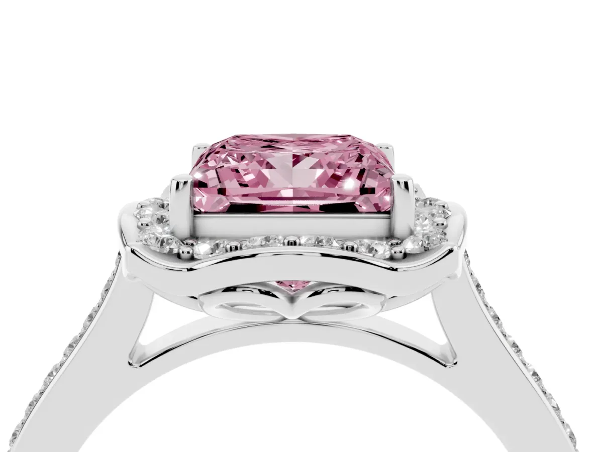 Fancy Pink Princess Cut Halo Round Diamond Pave Band with Four-Prong Setting Silver