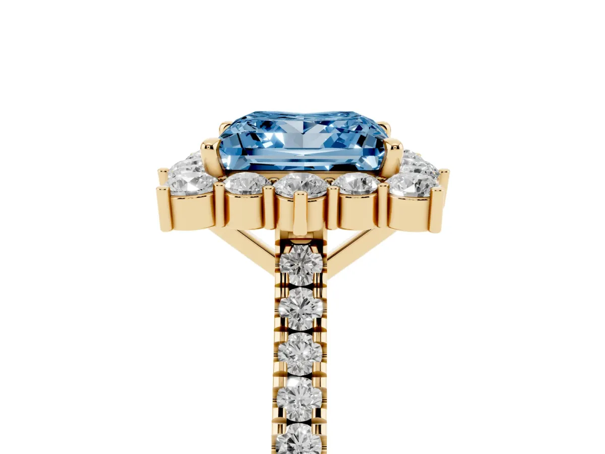 Fancy Blue Princess Cut Halo Diamond Ring with Pavé Band and Prong Setting Yellow gold