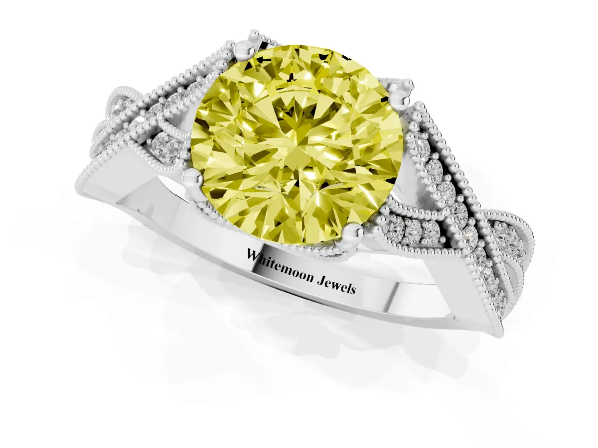 Fancy Yellow Round Cut Cut Diamond Twisted Band with Milgrain Pave Setting and Four-Prong Setting Silver