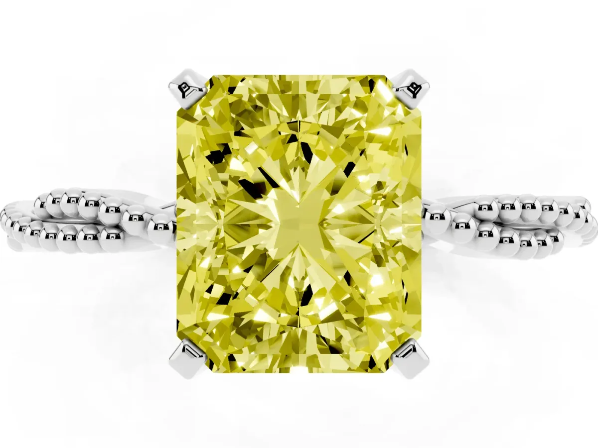Fancy Yellow Radiant Cut Solitaire Twisted Band with Bead Prong Setting Silver