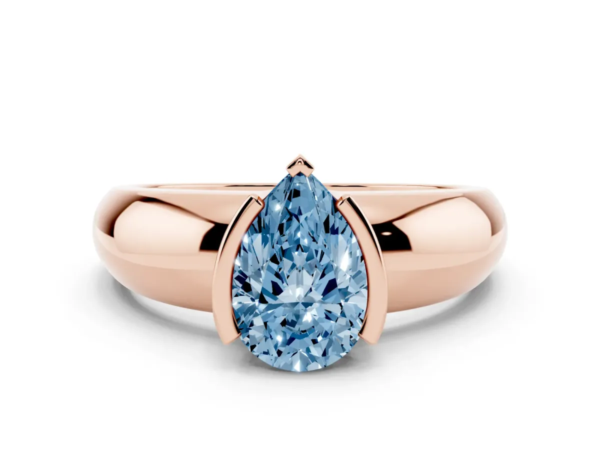 Fancy Blue Pear Cut Solitaire Tension Set Diamond Ring with Wide Band Rose gold