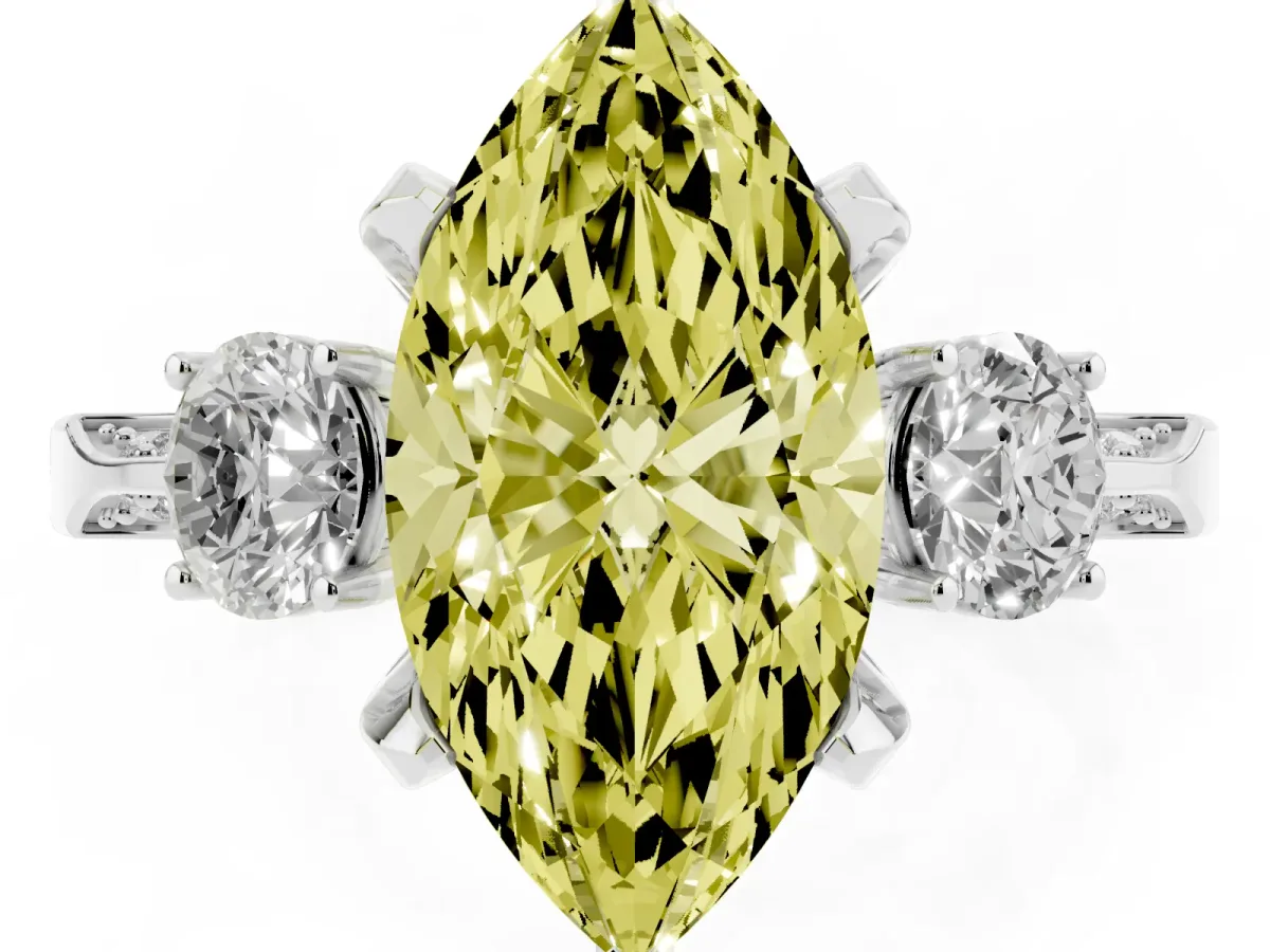 Fancy Yellow Marquise Cut Brilliant Three-Stone Diamond Ring with Pavé Band and Four-Prong Setting Platinum