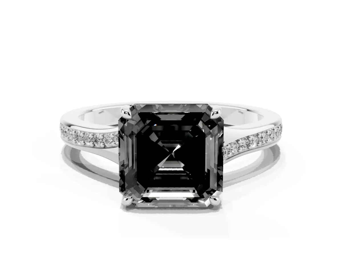 Fancy Black Asscher Cut Diamond Solitaire Ring with Pavé Band and Prong Setting Silver