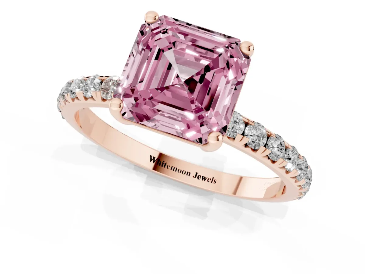 Fancy Pink Asscher Cut Cut Diamond Solitaire Ring with Micro Pave Band and Four Prong Setting Rose gold