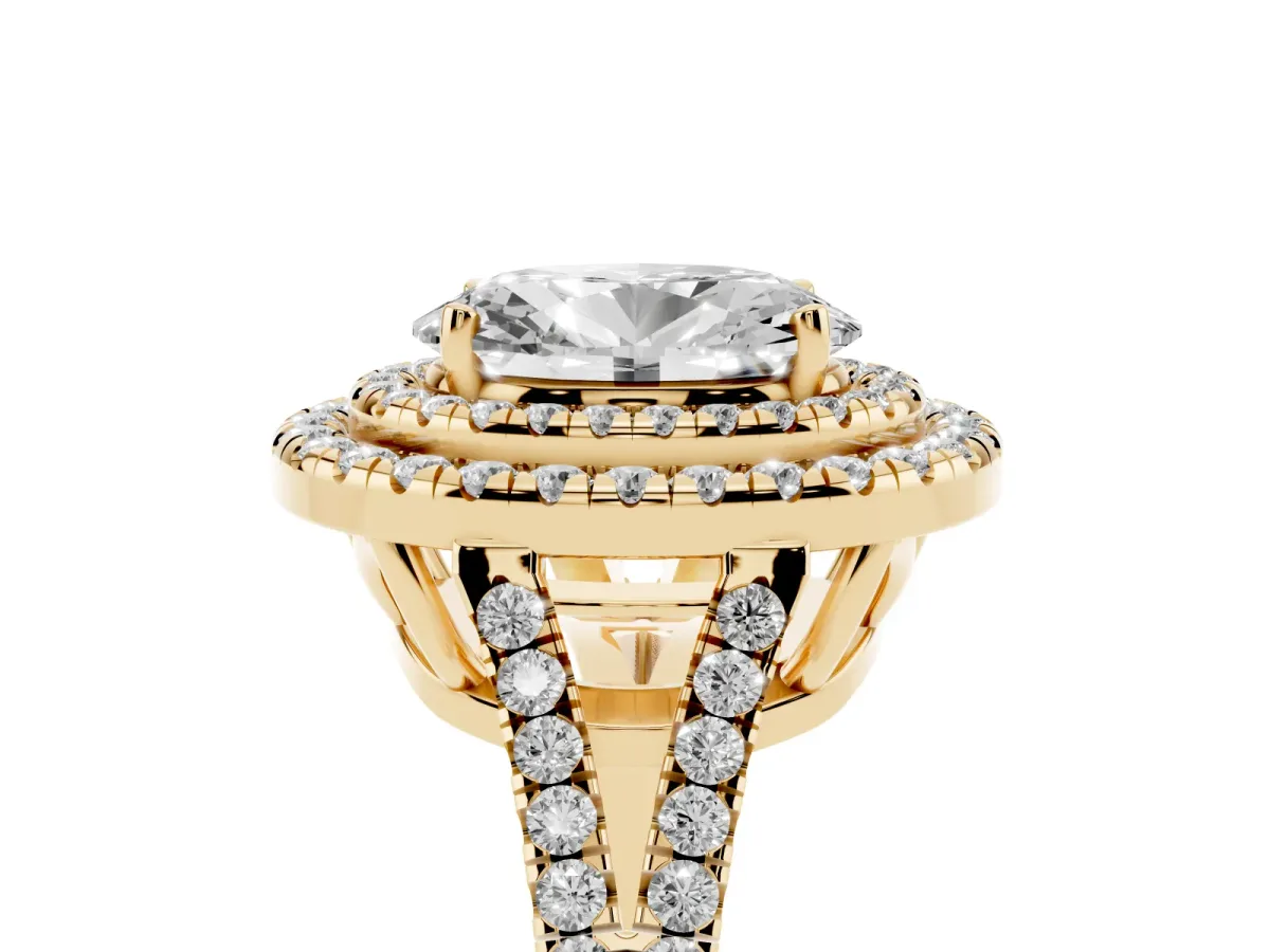 Oval Cut Diamond Double Halo Ring with Pavé Band and Prong Setting Yellow gold