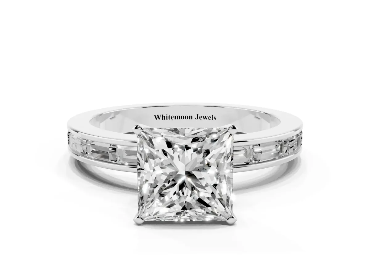 Princess Cut Solitaire Diamond Ring with Channel-Set Baguette Band and Four-Prong Setting Platinum