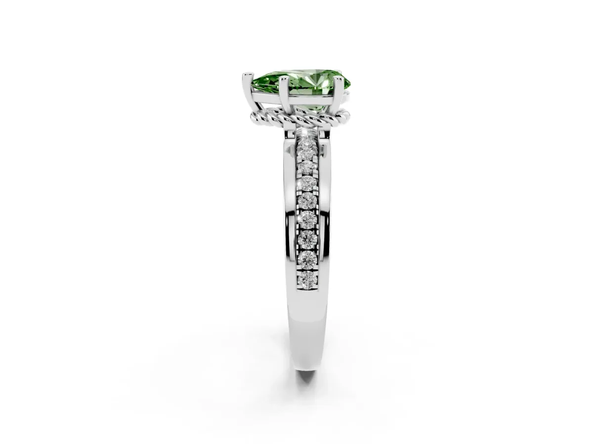 Fancy Green Pear Cut Solitaire Diamond Ring with Channel Set Band and Six-Prong Setting Silver