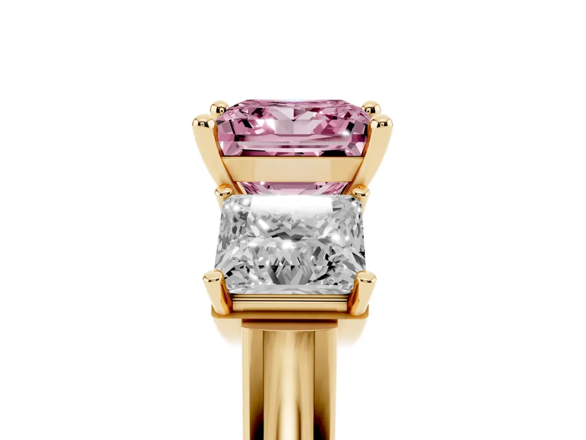 Fancy Pink Three-Stone Princess Cut Brilliant Diamond Trellis Ring with Comfort Fit Band Yellow gold