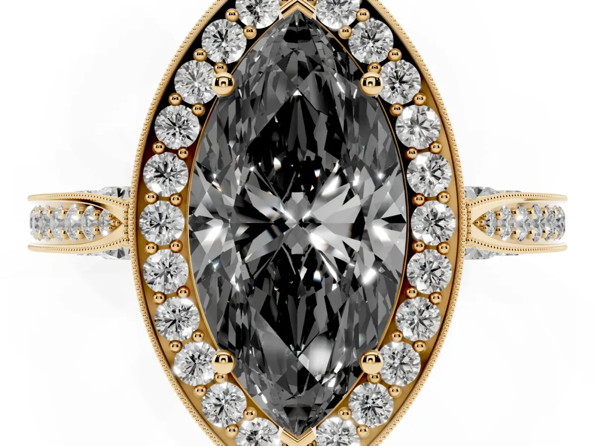 Fancy Black Marquise Cut Halo Diamond Engagement Ring with Split Shank Band and Four-Prong Setting Yellow gold