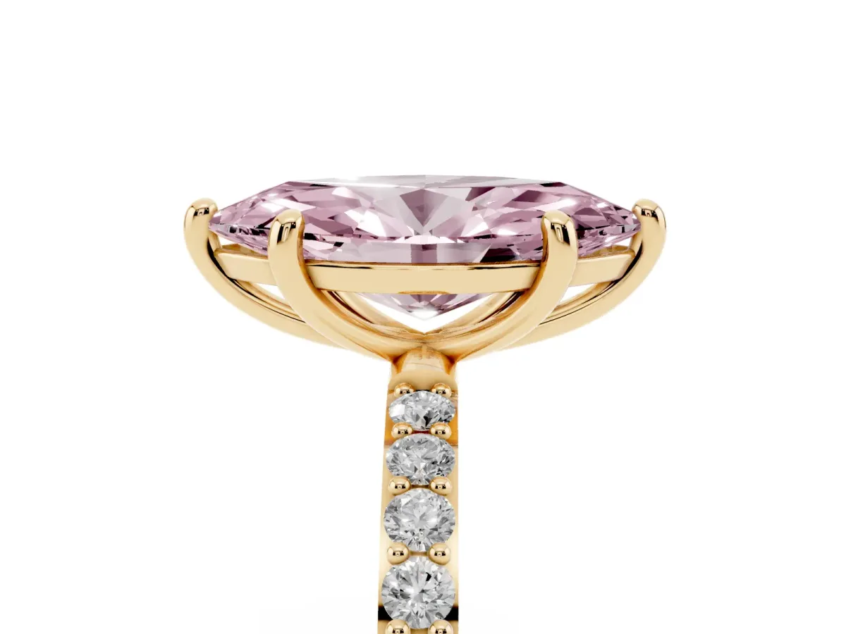 Fancy Pink Marquise Cut Diamond Solitaire Ring with Round Pavé Band and Prong Setting Yellow gold