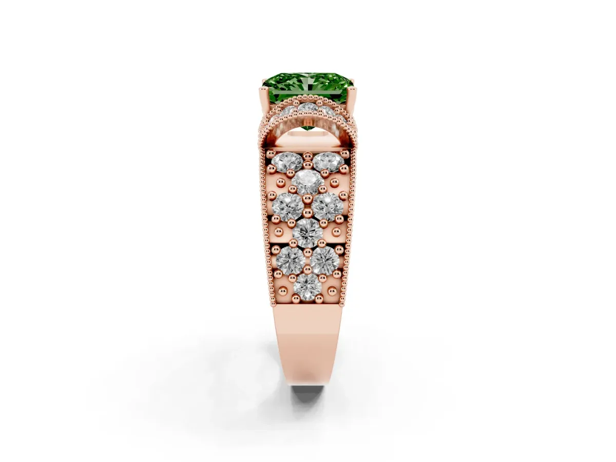 Fancy Green Radiant Cut Halo Pave Diamond Engagement Ring with Milgrain Detailing Rose gold