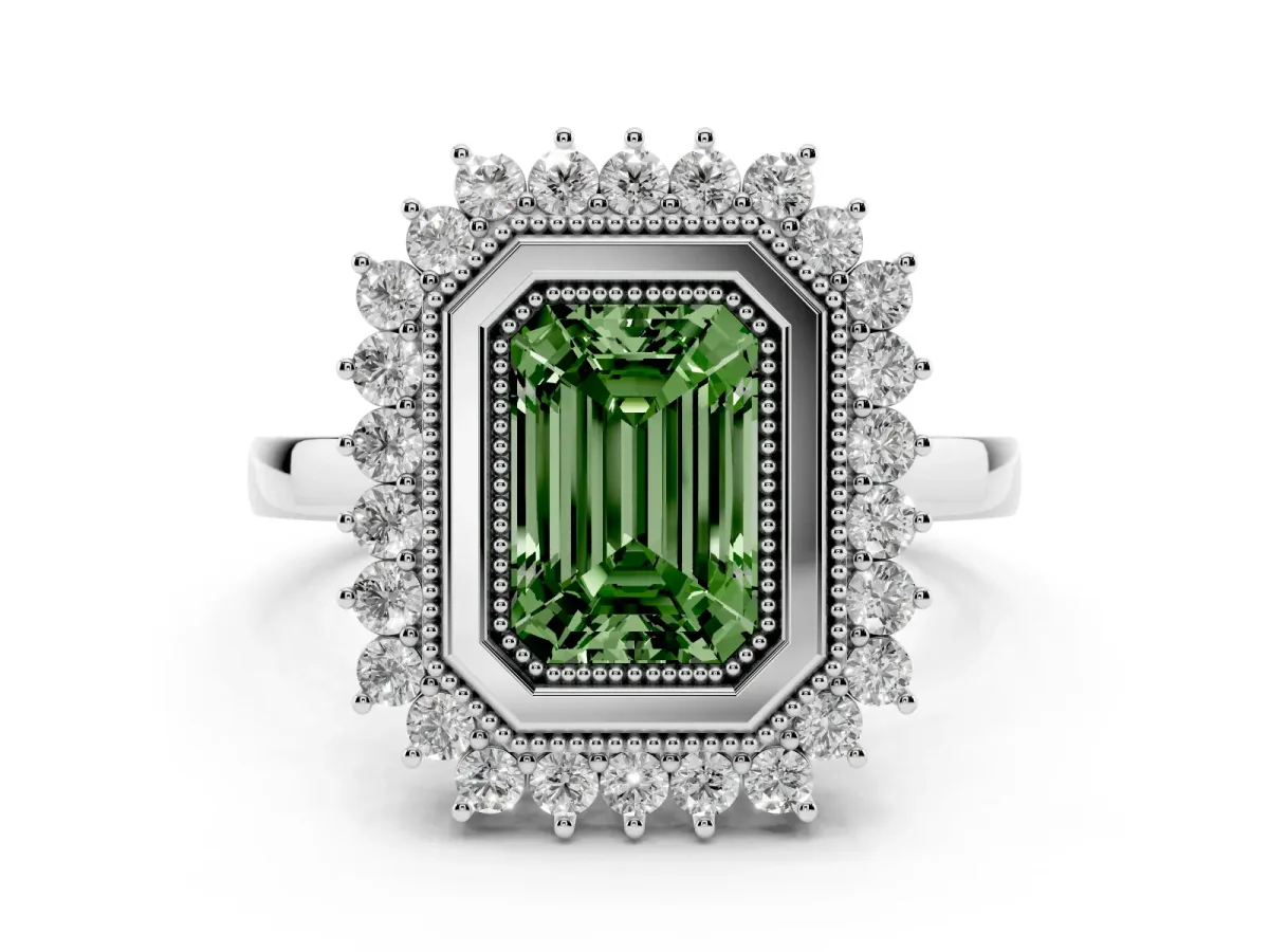 Fancy Green Emerald Cut Halo Diamond Ring with Milgrain Edge and Round Prong Setting Silver