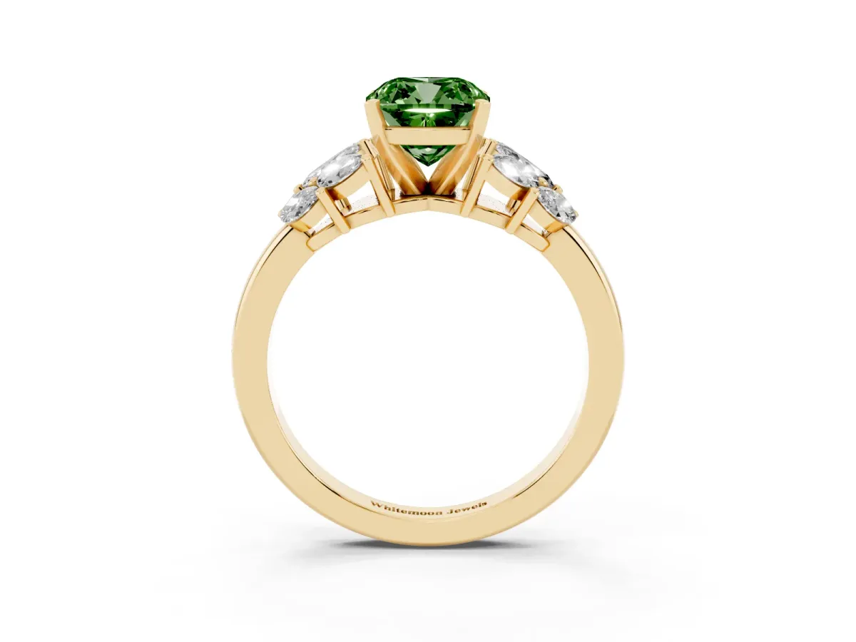 Fancy Green Cushion Cut Diamond Cluster Leaf Design Ring with Prong Setting Yellow gold