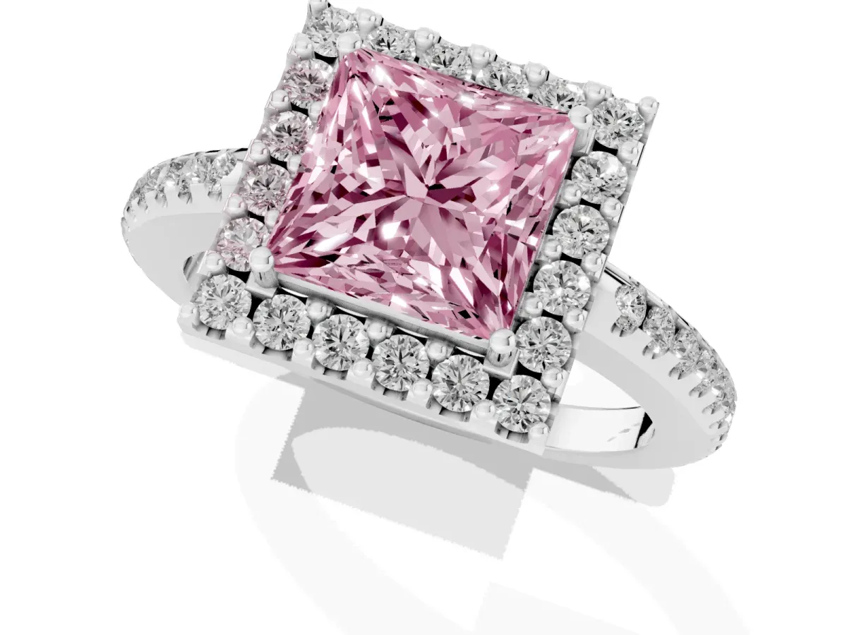 Fancy Pink Princess Cut Diamond Pavé Halo Ring with Four-Prong Setting Silver