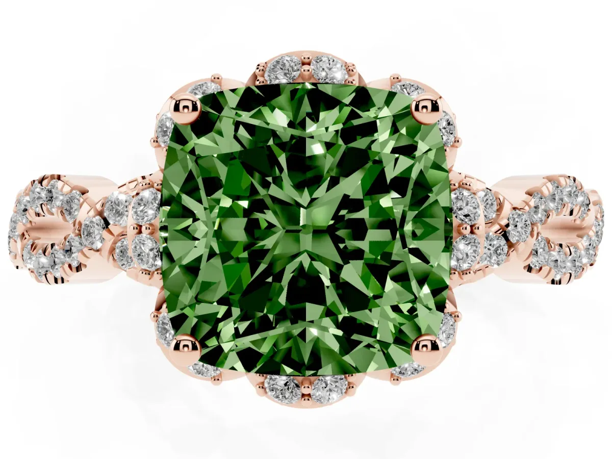 Fancy Green Cushion Cut Halo Twist Band Solitaire Ring with Six-Prong Setting Rose gold