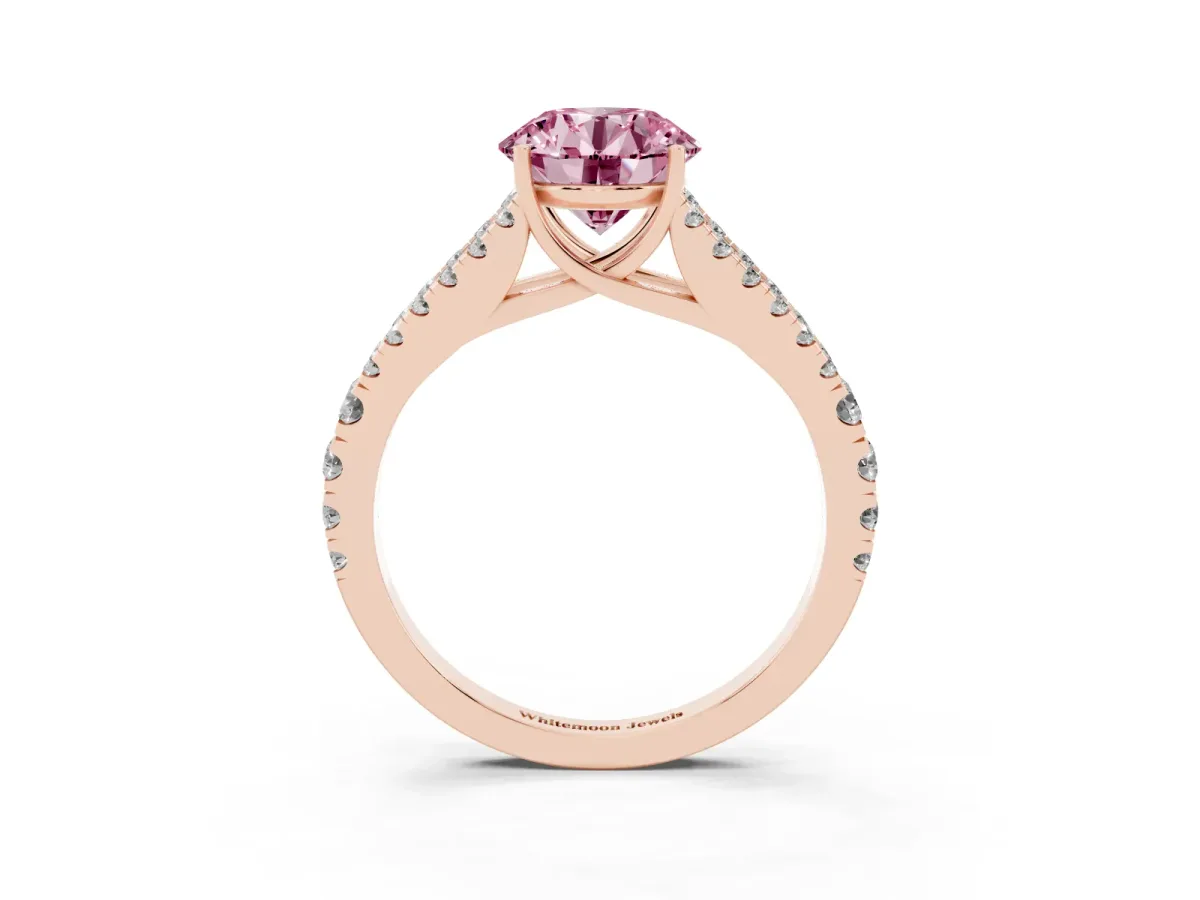 Fancy Pink Round Cut Diamond Split Shank Pavé Engagement Ring with Four-Prong Setting Rose gold