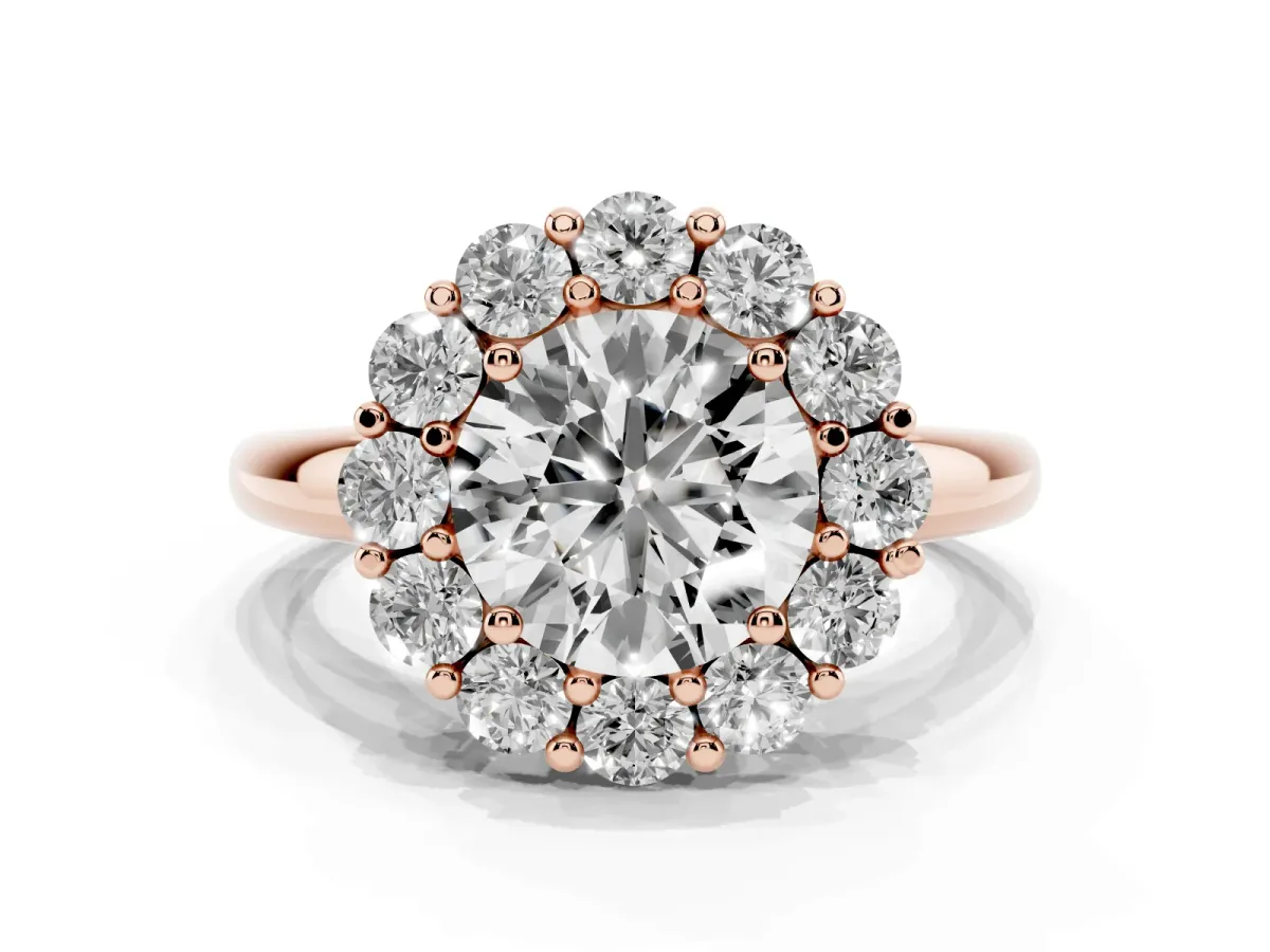 Round Cut Halo Cluster Diamond Engagement Ring with Prong Setting and Polished Band Rose gold