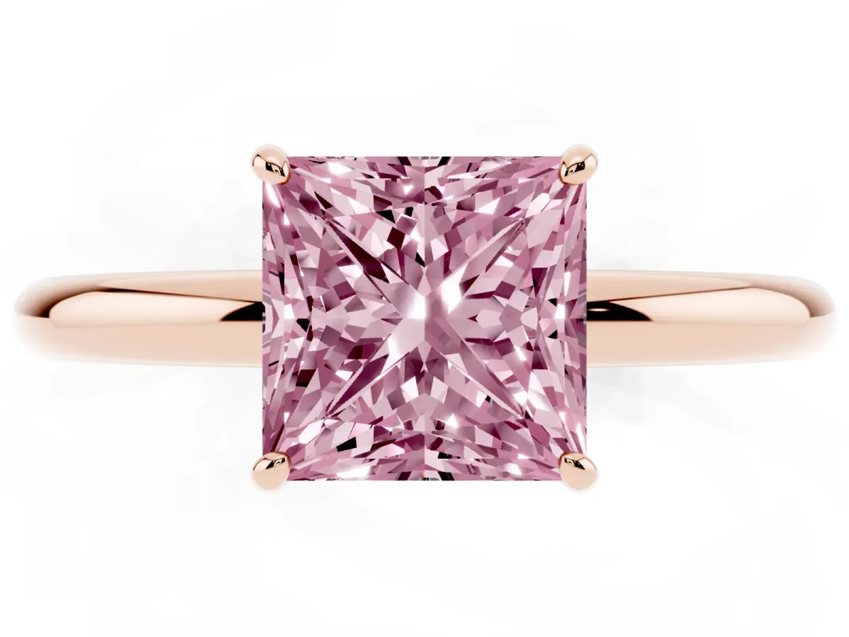 Fancy Pink Princess Cut Solitaire Diamond Ring with Four-Prong Setting on a Plain Band Rose gold