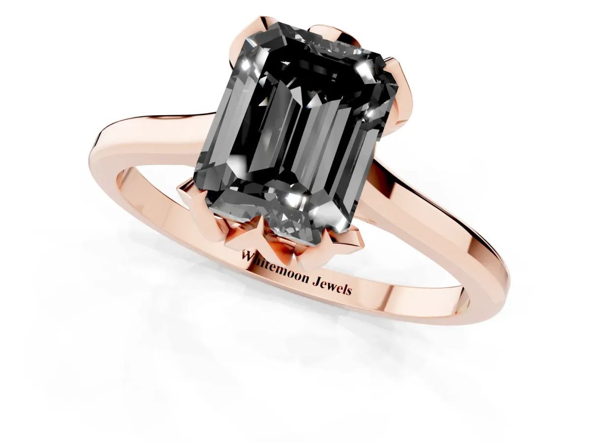 Fancy Black Emerald Cut Diamond Solitaire Ring with Flower Prong Setting and Classic Band Rose gold
