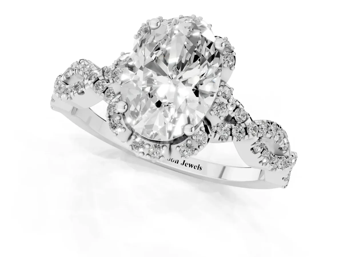 Oval Cut Halo Twist Band Solitaire Ring with Six-Prong Setting Platinum