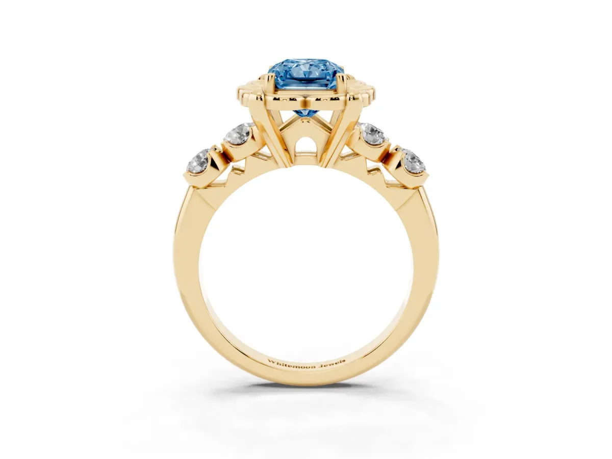 Fancy Blue Radiant Cut Cut Diamond Floral Halo Engagement Ring with Shared Prong Setting Yellow gold