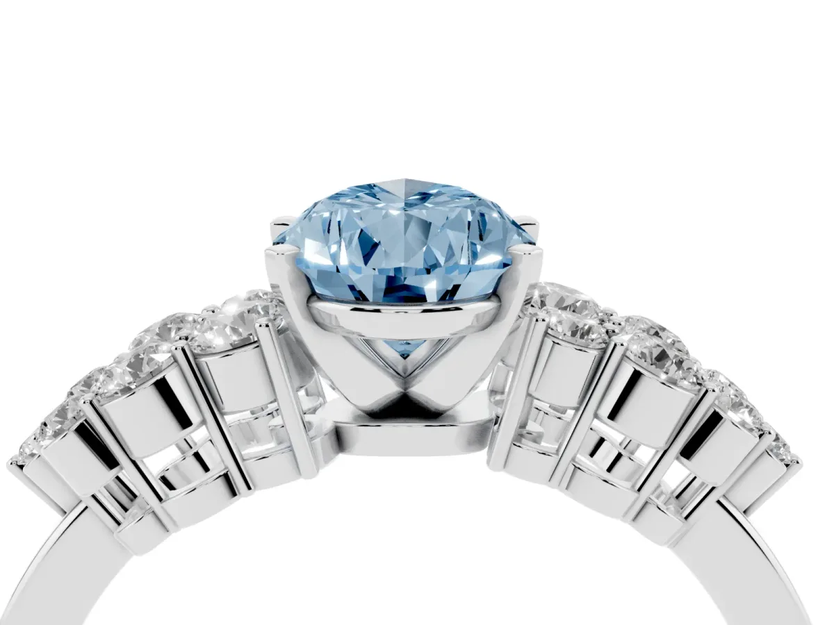 Fancy Blue Pear Cut Cluster Diamond Engagement Ring with Pavé Band and Four-Prong Setting Silver