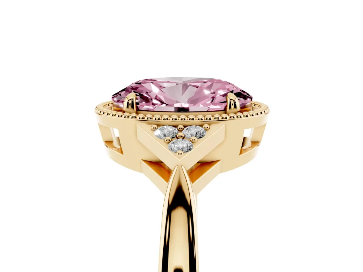 Fancy Pink Hexagonal Halo Oval Cut Diamond Solitaire with Pavé Band and Four-Prong Setting Yellow gold
