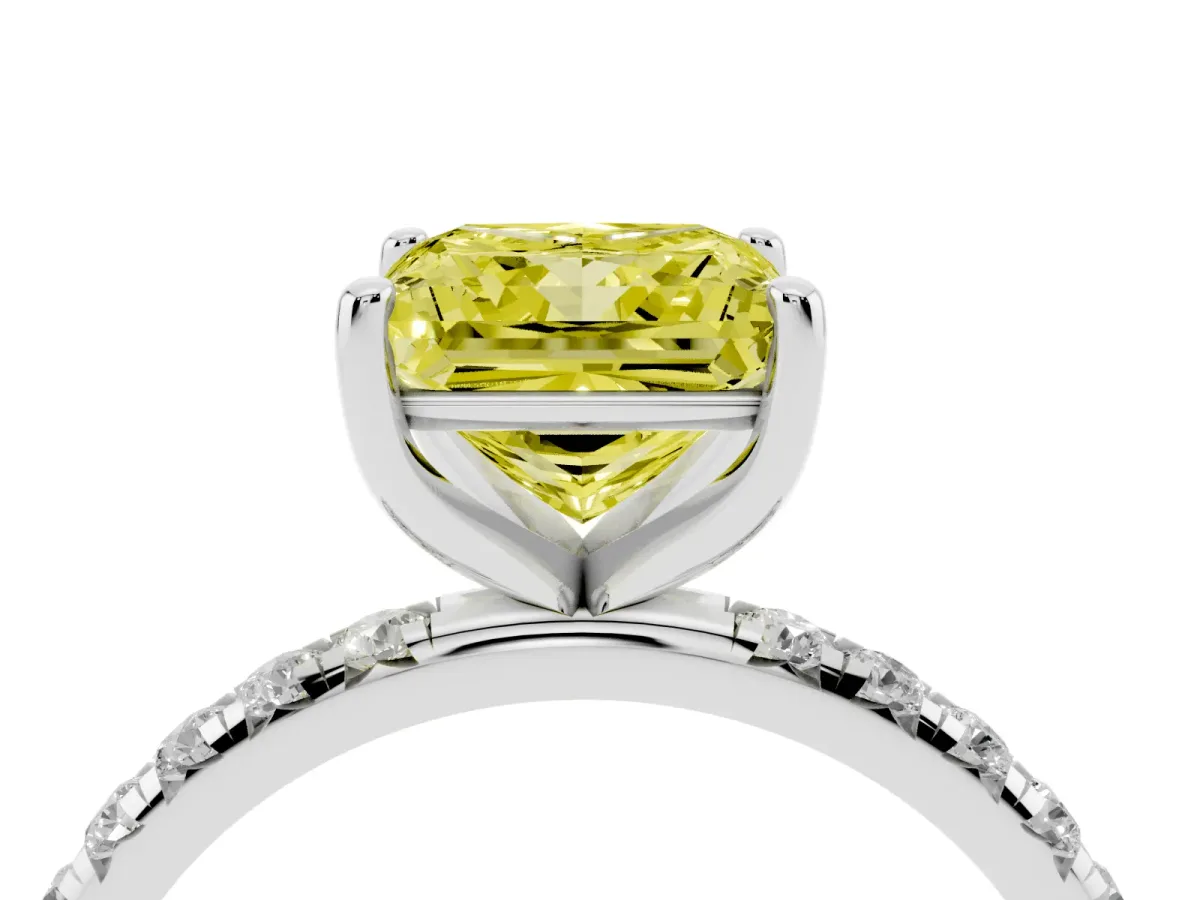 Fancy Yellow Princess Cut Cut Diamond Solitaire Ring with Micro Pave Band and Four Prong Setting Silver