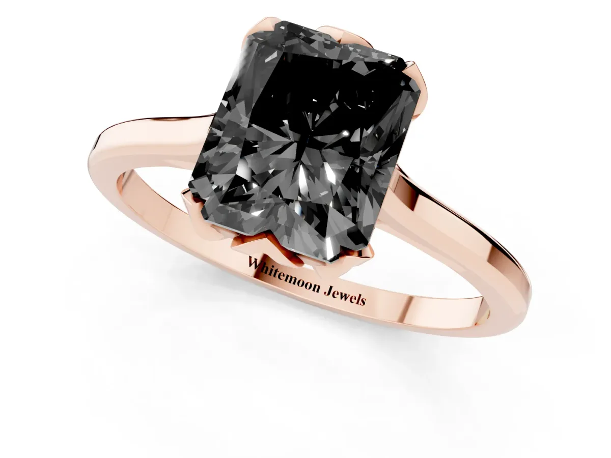 Fancy Black Radiant Cut Diamond Solitaire Ring with Flower Prong Setting and Classic Band Rose gold