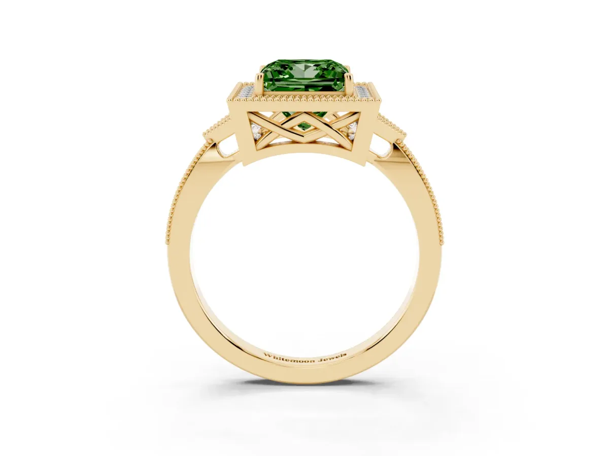 Fancy Green Princess Cut Halo Round Diamond Milgrain Pave Engagement Ring Yellow gold